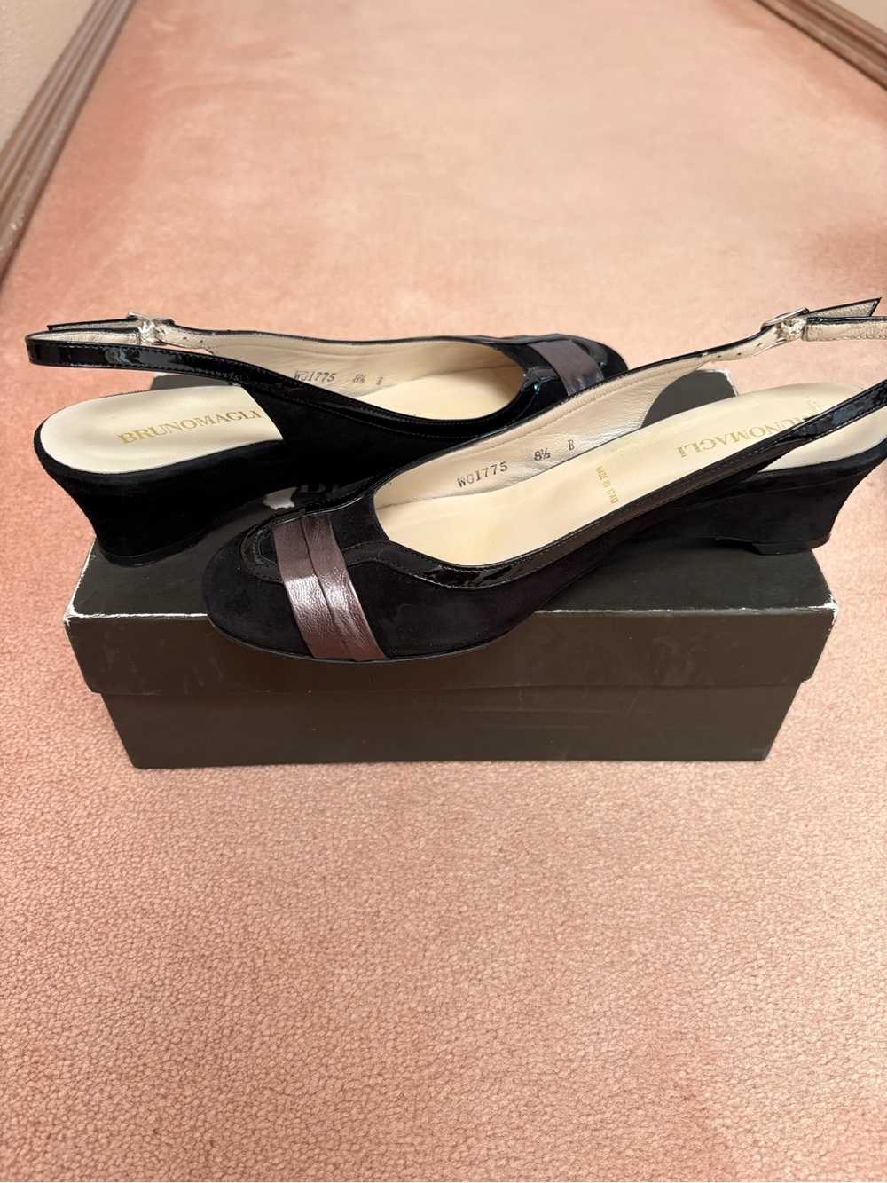 Bruno Magli Black and Brown Slingback Wedge Sandals